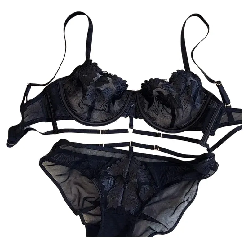 Sexy Lace Women Bra Push Up Underwear Brassiere and Panties Set Female Comfortable Lightweight Bow Semi Transparent Lingerie — image 2