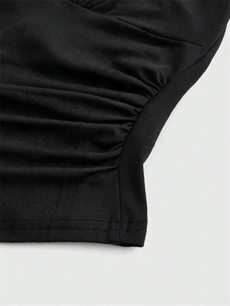 Top corto liso con cuello en V y espalda descubierta para mujer, Top corto con cuello Halter, Sexy Y2K, sin mangas, parte de arriba ropa informal fruncida — image 7