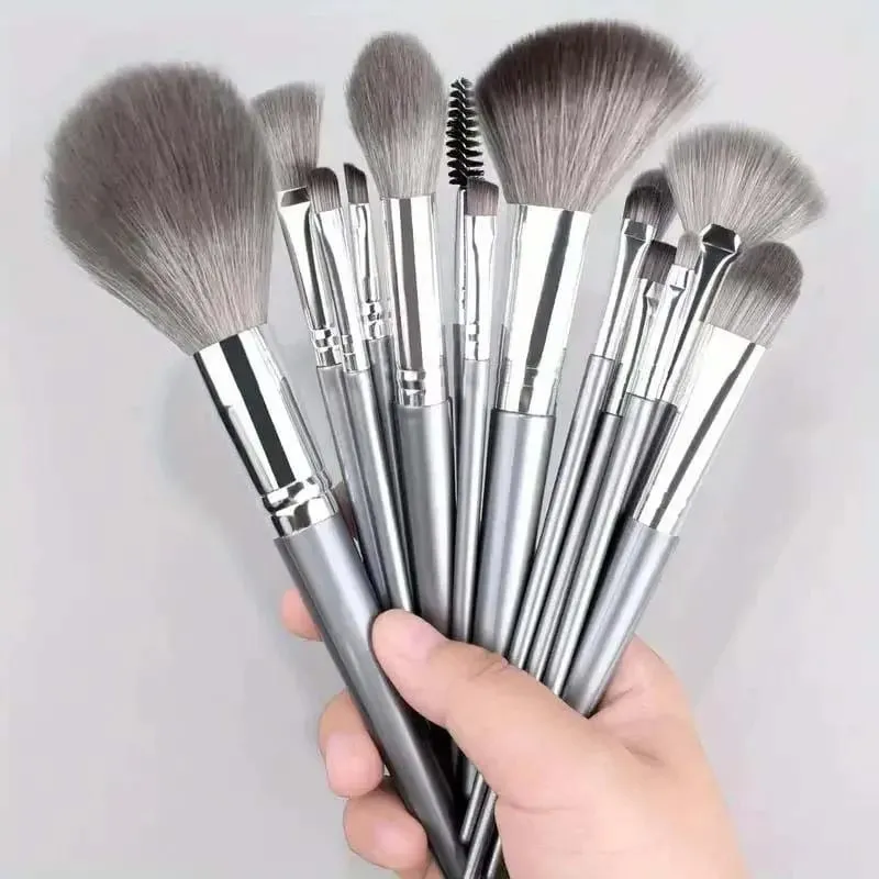 14-Piece Silver Professional Makeup Brush Set | Includes 2 Plush Velvet Puffs + 2 Blending Sponges | Vegan Cruelty-Free Brush Co — image 7