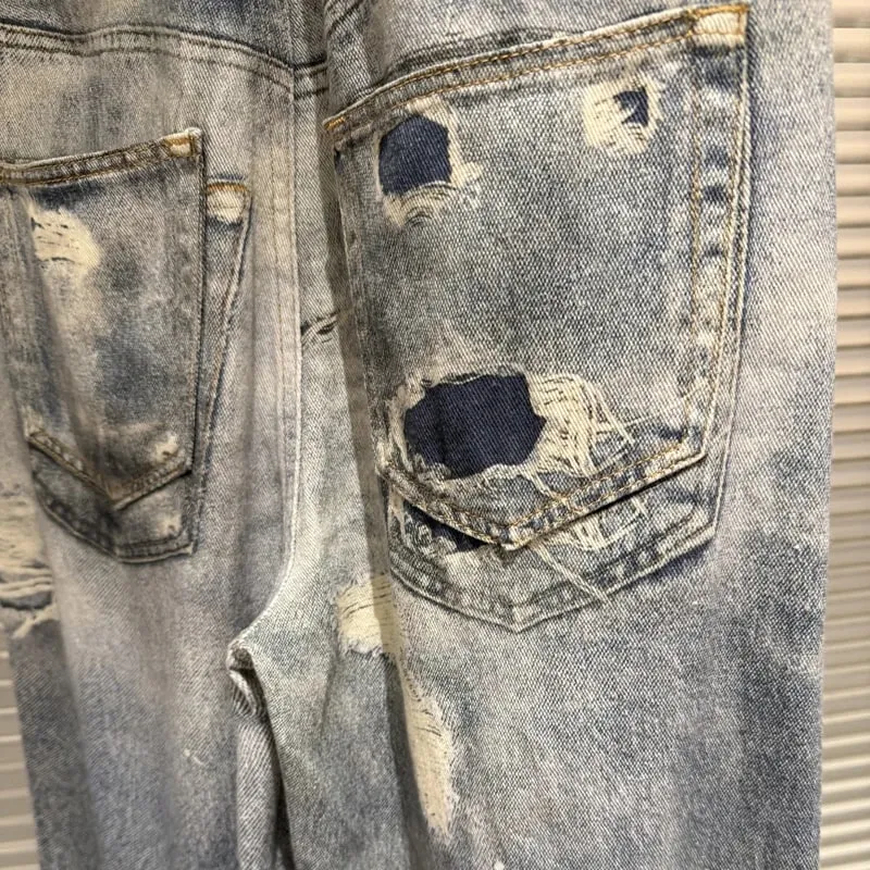 Trend Fashion Street Style Fake Two Piece Double Waist 3D Printed Digital Printed Ripped Baggy Protocol Index Jeans — image 6
