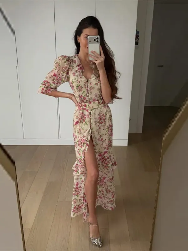 Pink Floral Print Maxi Dress V-neck Ruffle Trim Flare Women Sleeve Ruched High Slit Chiffon Dresses Elegant Evening Party Robe — image 7