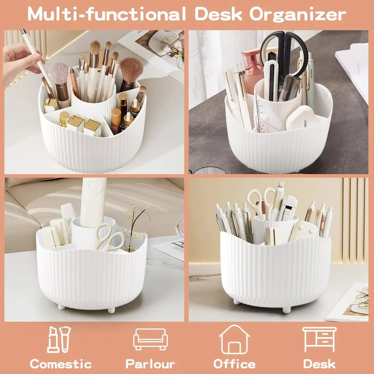 360-Degree Rotating Makeup Organizer 5 Slot Plastic Cosmetic Storage Elegant Stripe Versatile Holder for Brushes Office Supplies — image 5