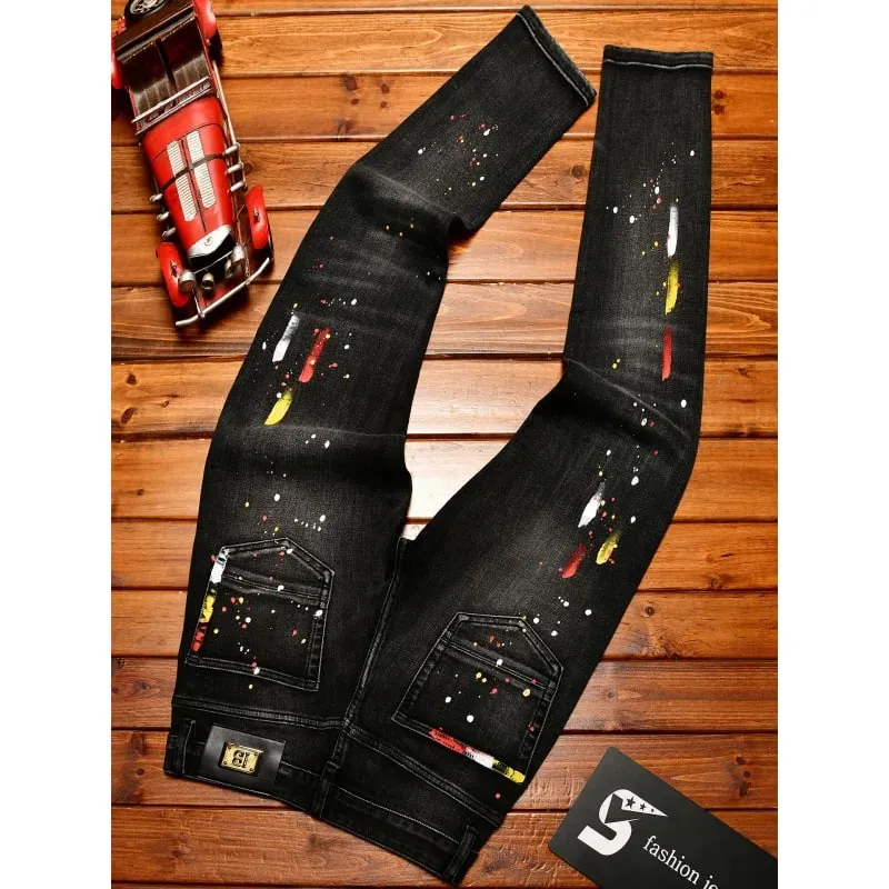 High-End Vintage Ripped Jeans for Men Slim Fit Trendy Paint Print 2025 Autumn and winter casual trendy long pants — image 5
