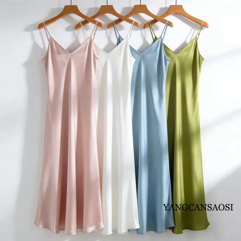 2026 Pambabaeng Fashion Bagong 21MM 100% Natural Mulberry Silk Plain Satin Extended French Sexy Adjustable Shoulder Strap Solid Dress — image 4