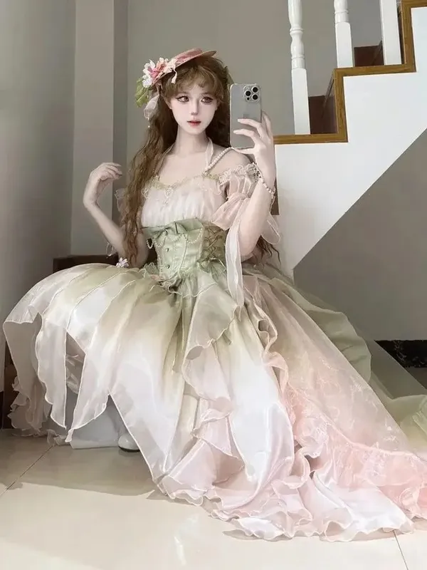 Dophee Original Lolita Trailing Puffy Dress Kvinnor Kort Fram Lång Baksida Prinsessan Blå Blomma Bröllopsklänning Elegant Off Shoulder — image 12