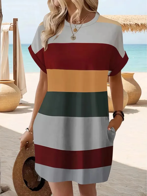 Chic Plus Size Klänning: Elegant Stripes Roll-Up ärmar Fickor – Bekväm och avslappnad damklänning — image 4