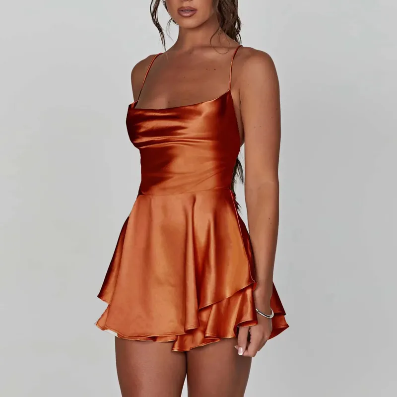 Satin Silk Women Sexy Cami Playsuits Dress Solid Cowl Neck Sleeveless Short Jumpsuits Summer Cross Tie-Up Backless Romper — image 10