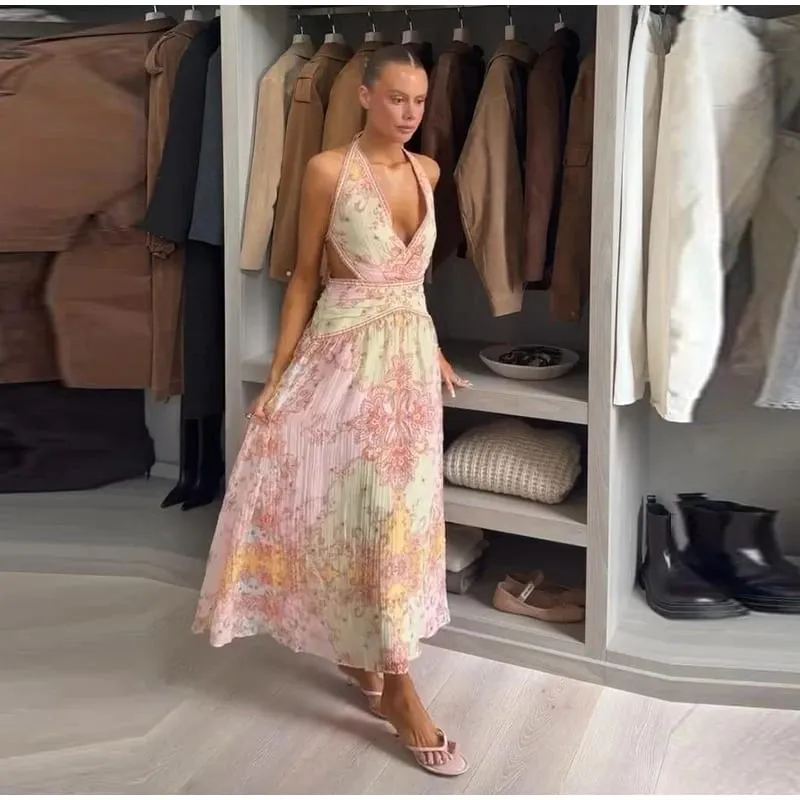 Floral impressão halter pescoço recorte maxi vestido em camadas plissado sem mangas 2026 verão feminino vestido de férias moda boho senhora vestido — image 11