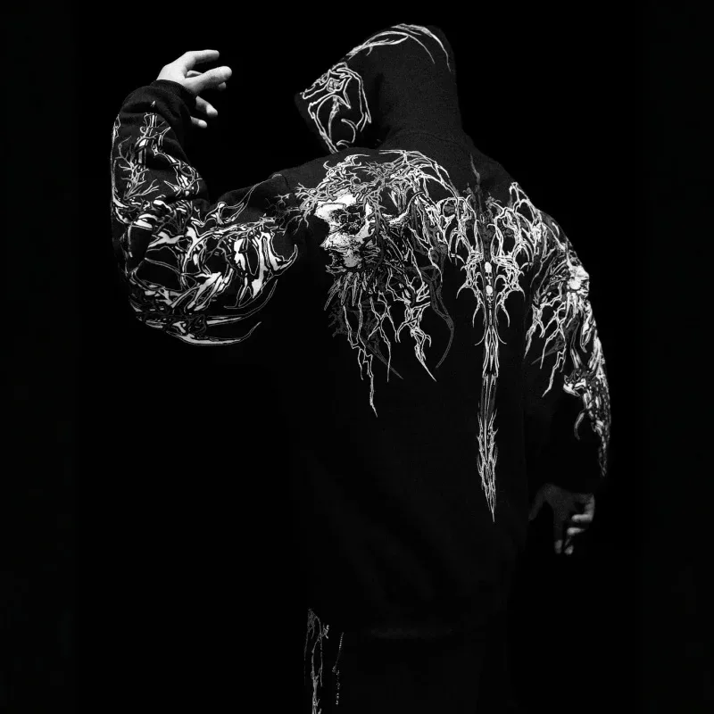 2025New American Style Men's Hooded Sweatshirt Trendy Brand Dark Style Sports Fitness High Street Autumn Winter Men's Sweatshirt — image 5