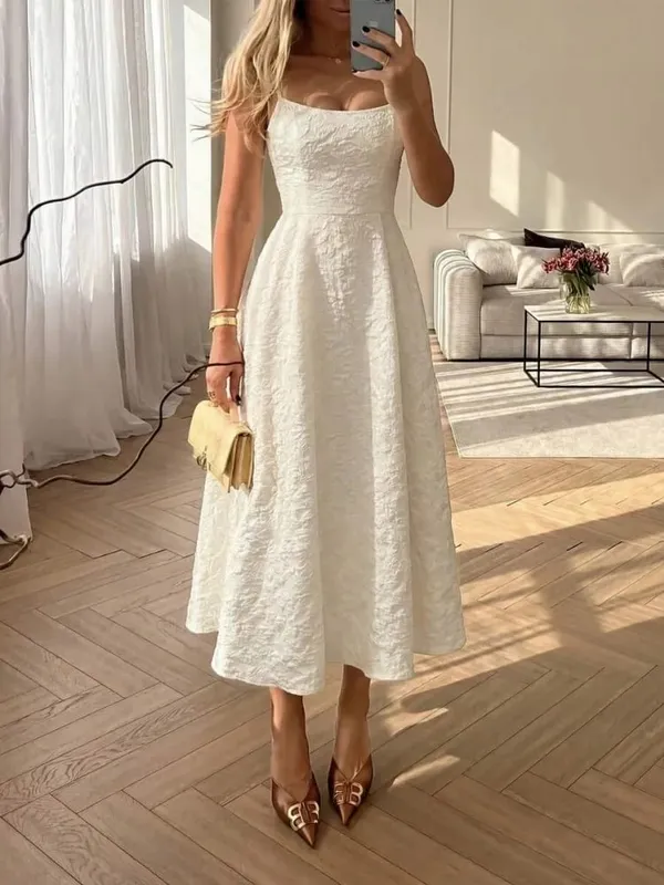Women Solid Color Sleeveless U-Neck Zipper Backless A-line Maxi Dress Summer Sexy Elegant Dating Casual Daily Streetwear Clothes — image 1