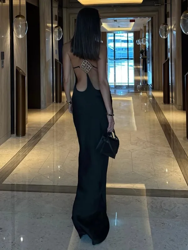 Nibber sem mangas halter vestido de cetim feminino fivela de metal elegante retalhos moda clássico festa à noite sem costas longo bodycon