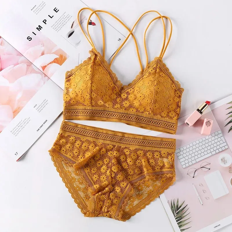 Women's Lace Lingerie Set Cross Shoulder Strap Without Steel Ring Bra Comfortable Support Underwear With Gathering Design — image 11