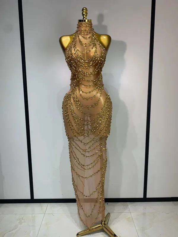 Sparkly strass sexy transparente malha vestido longo 2025 feminino luxo aniversário clube festa vestido de palco cantor desempenho traje