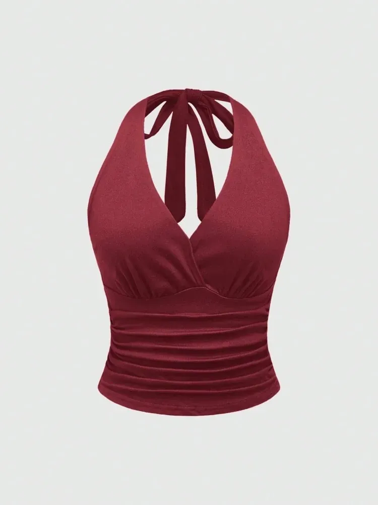 Top corto liso con cuello en V y espalda descubierta para mujer, Top corto con cuello Halter, Sexy Y2K, sin mangas, parte de arriba ropa informal fruncida — image 13