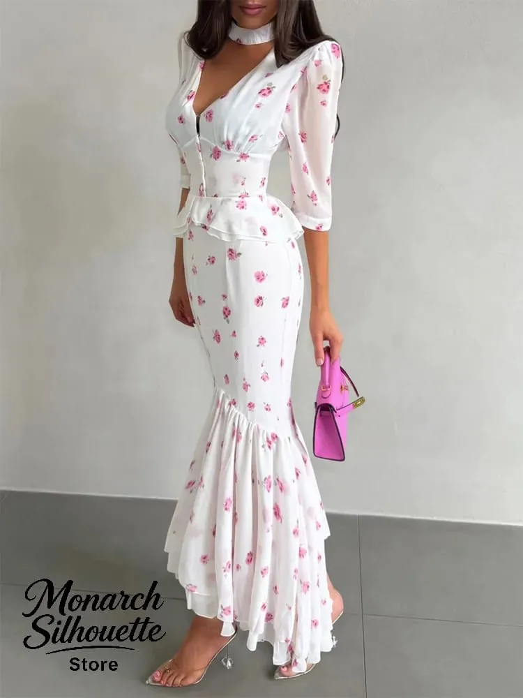 White Pink Floral Choker Neck Dress Women Elegant V-neck 3/4 Sleeves Peplum Ruffle Hem Long Dresses 2026 Lady Daily Vestidos New — image 7