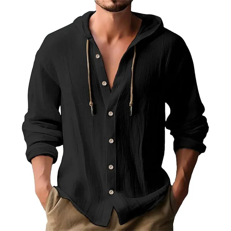 Solid Color Casual Shirt ng Lalaki na Naka-hood na Drawstring na Cotton at Linen na Cardigan Trendy at Versatile Loose Beach T-Shirt — image 5