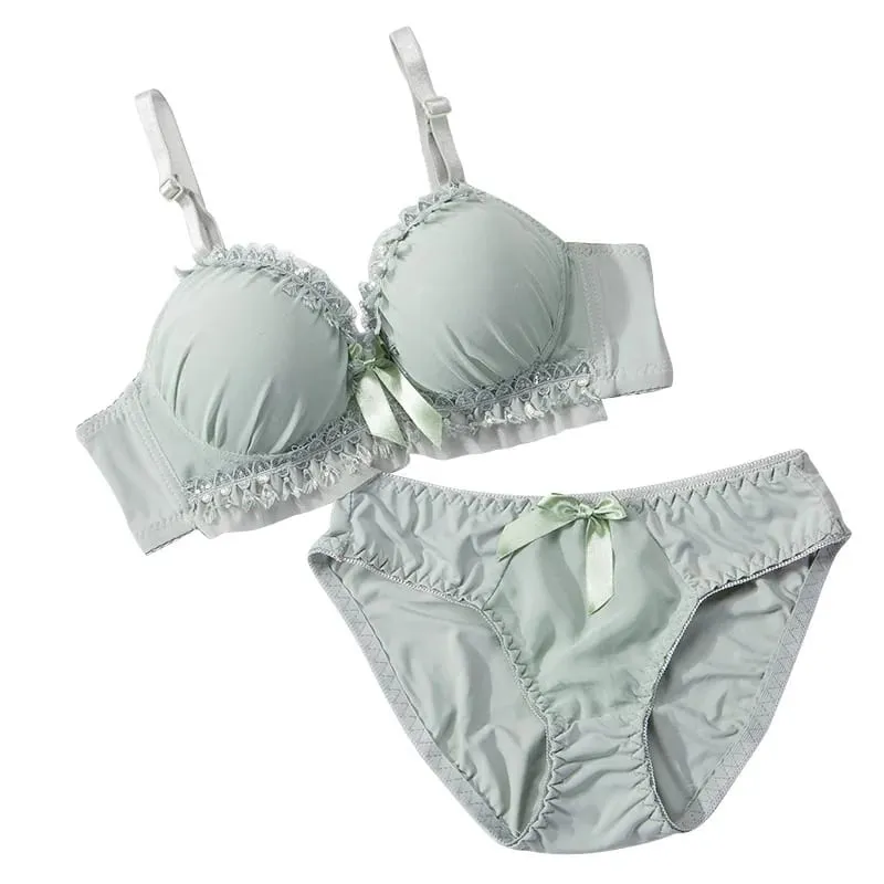 Women Lingerie Set Soft Memory Wire Ruffle Lace Bow Decor Intimate Underwear Suit No Pads Thin Breathable Adjustable Straps — image 3