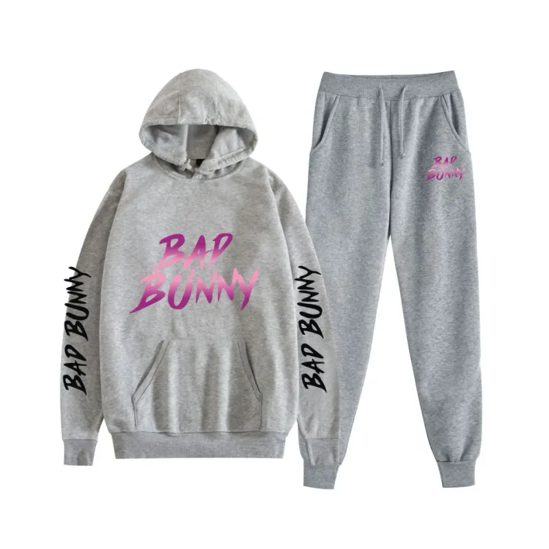 Harajuku Bekväm bad bunny Tryck Sweatshirt Träningsbyxor Kostym Dam Luvtröjor+ Byxor Kostym Pojkar/Flickor 2-delat set Kläder — image 22