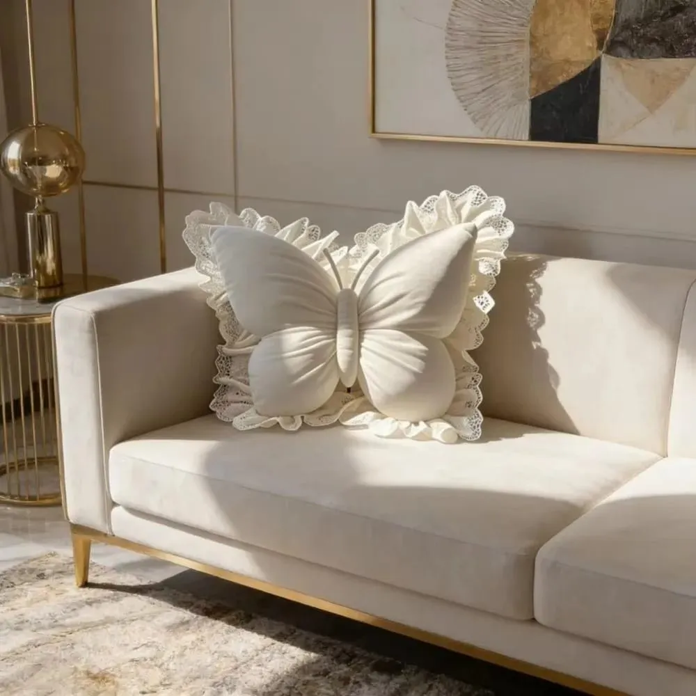 Decorative Cushion Velvet Butterfly Plush Pillow Lace Trim Plush Bow Plush Cushion Soft Cute Bow Throw Pillow Sofa
