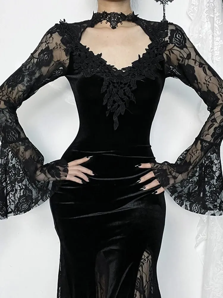 Altgoth estético gótico midi vestido feminino vintage elagnt rendas retalhos ver através da manga alargamento cintura alta clubwear vestido femme — image 4