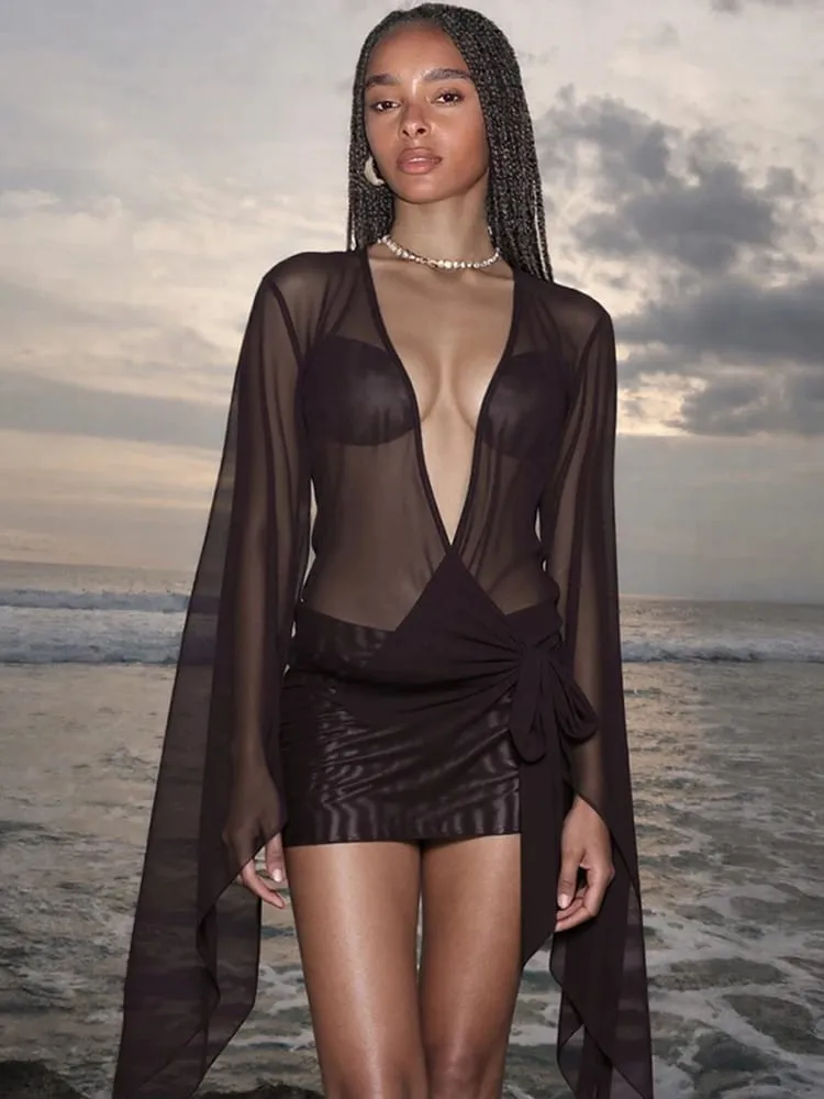 Estranho puss malha sexy vestido de verão feminino bandagem cruzada baixo pescoço sem costas manga alargamento meia-noite coquete meia-noite festa bodycon — image 5