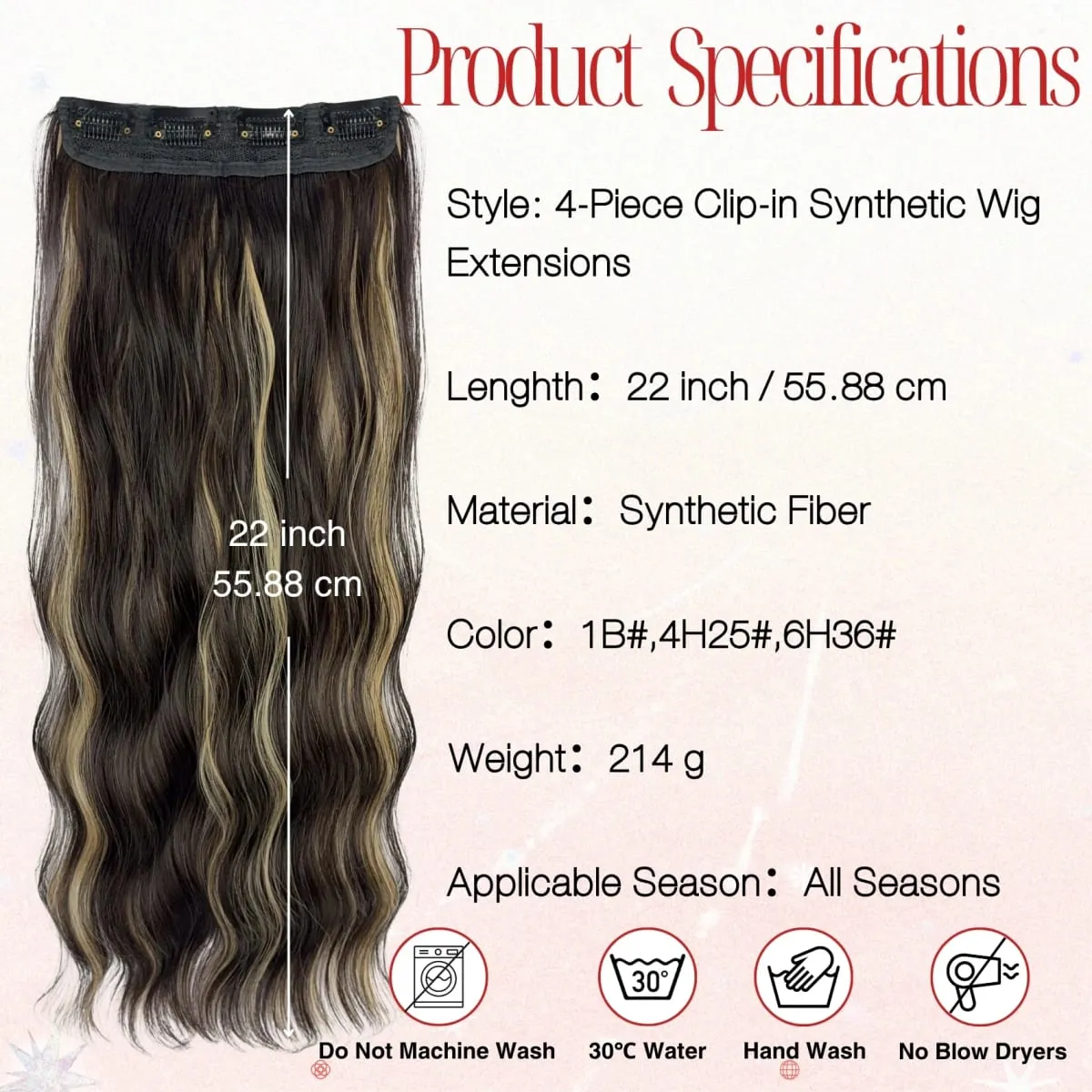 4-Piece Set Women's Synthetic Clip-in Wig Extensions Long Wavy Thick Clip-in Wig Pieces Voluminous Wig