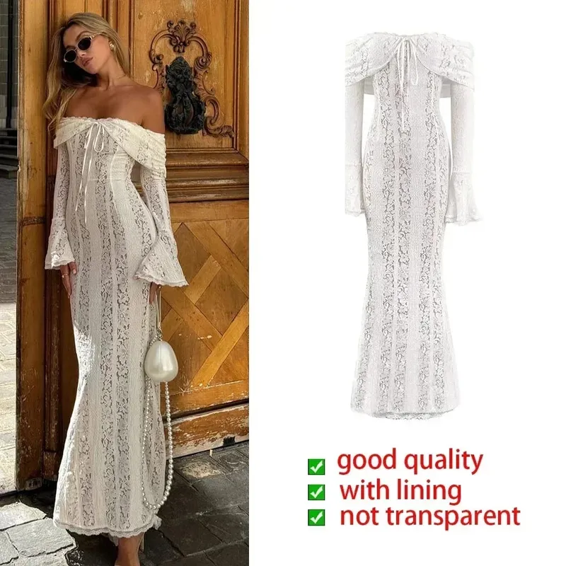 Oligai Elegant Off The Shoulder Bodycon Dress 2024 Nytt i vitt Flare Sleeve Lace Maxiklänning Bröllopsgästklänning för kvinnor