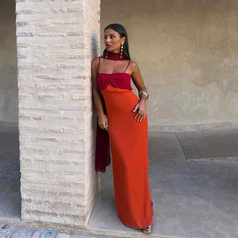 Color Blocking Scarf Collar Suspender Women Maxi Dress Spaghetti Strap High Split Floor Length Evening Dresses Lady Party Robes — image 3