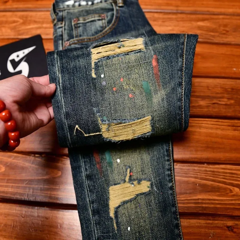 Broken hole patch jeans for men 2025 new men's clothing paint printing trend design retro nostalgic slim fit denim pants — image 1