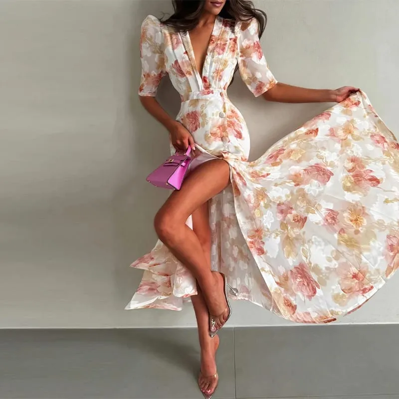 Elegant Women's Floral Print Dresses Single Breasted Slit Maxi Dresses Bodycon Party Evening Formal Gown 2026 New Outfit — image 11