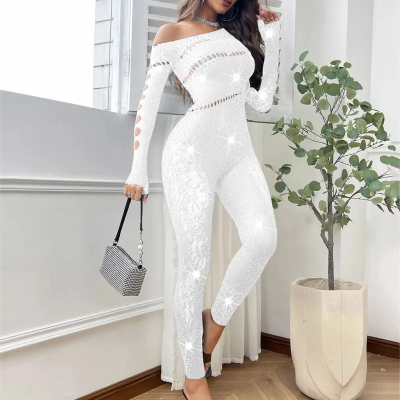 Women Sexy Mesh Rhinestone Jumpsuit Long Sleeve See Through High Stretch Body Stockings Jumpsuit Club Plus Size Stock Lingerie