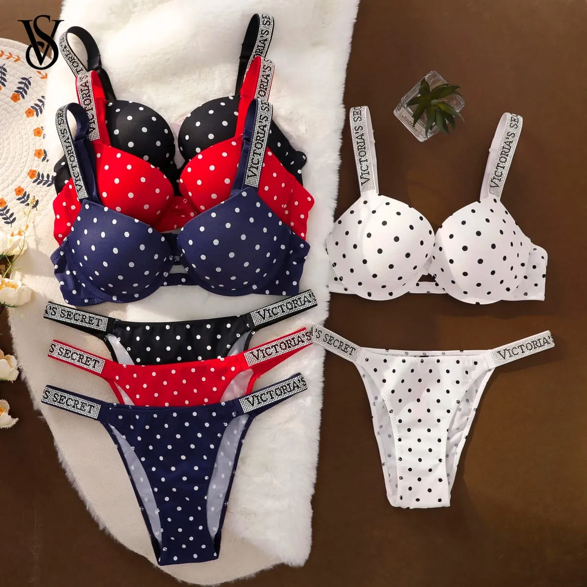 Victoria secret lingerie sexy pijamas plus size confortável luxo novas mulheres bolinhas rendas push up sutiã e calcinha conjunto — image 1