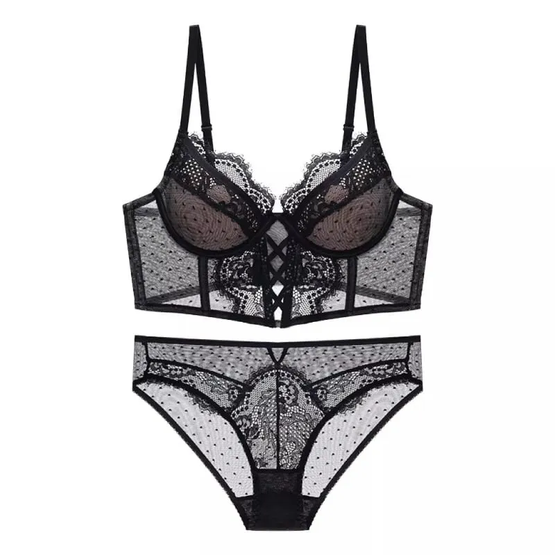 French Lace Push Up Lingerie Set Damen Thin Underwire Bra Sheer Mesh Ruched Chemise Soft Petite Small Bust Ladies S-XL