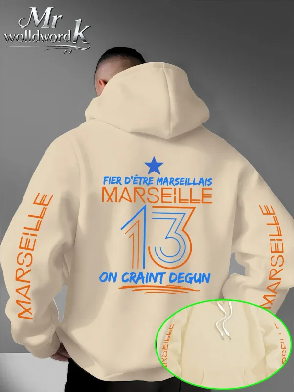 Män Marseille 13 City Graphic Hoodie Multi-Print Sleeve Back Letter Hooded Sweatshirt Höst Vinter Fleece Lös Hoodie — image 9
