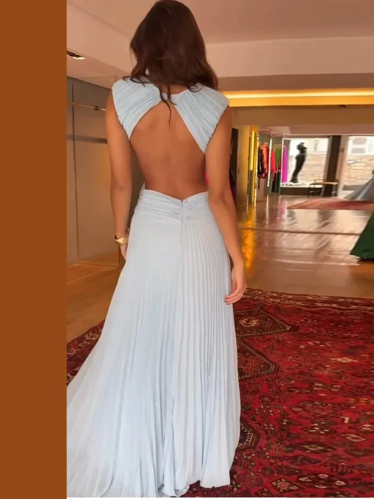 Sexy Hollow Out Long Party Dress Women Pleated Sleeveless Backless A-line Beach Dresses 2026 Summer Lady Chic Solid Holiday Robe — image 5