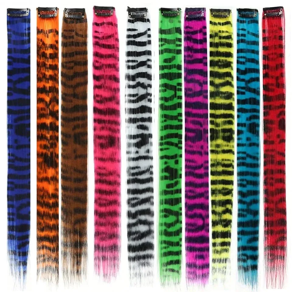 Long Straight Colorful Striped Hairpieces Synthetic Clip in Leopard Print Hair Piece Halloween Party Cosplay Y2K Feather Scene — image 6