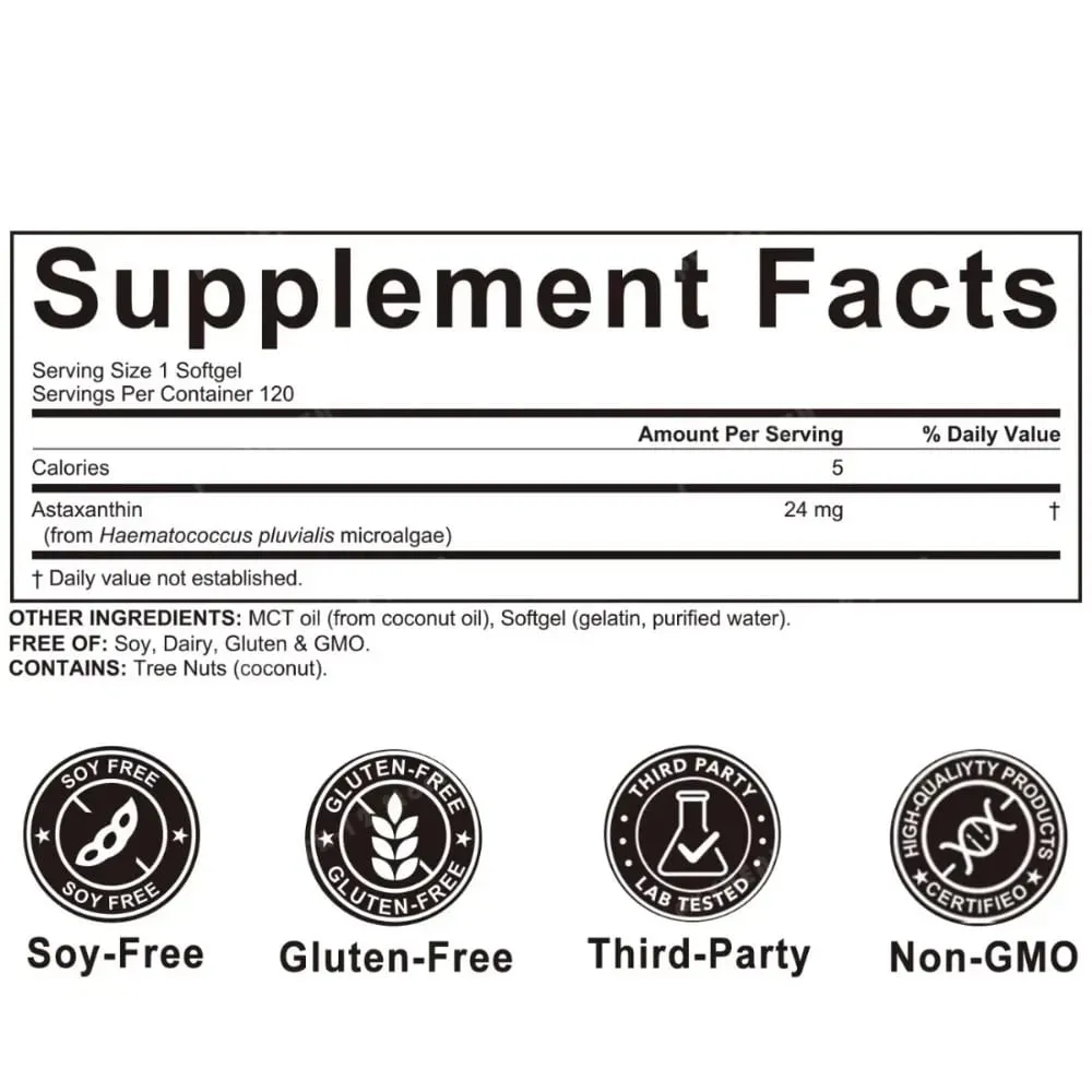 Astaxanthin Softgels 24mg Triple Strength Powerful Antioxidant Eye Health Support Microalgae Soy Free Gluten Free 120 Count — image 7