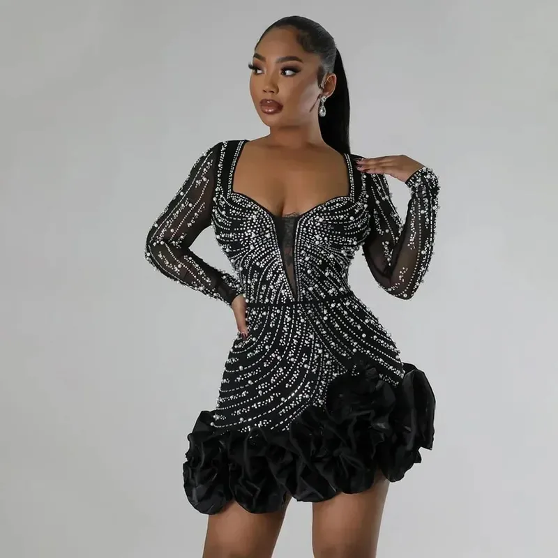 2025 Party Dresses Beading Diamond Long Sleeves Ruffles para sa mga kababaihan Makintab Elegant Wedding Guest Gown Okasyon Ipagdiwang ang Kaarawan — image 6