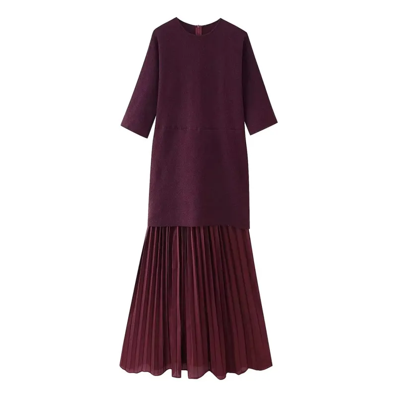 HH Mulheres Elegantes Meia Mangas Gola O Vestido Plissado Primavera Mulher Zíper Traseiro Emenda Vintage Casual Malha Vestido Longo — image 9