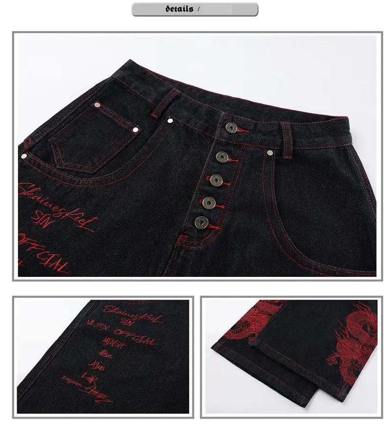 2026 New Side Red Dragon Embroidery Baggy Jeans For Men Y2K Streetwear Punk Fashion Denim Pantalones American Retro Hip Hop Jean — image 9