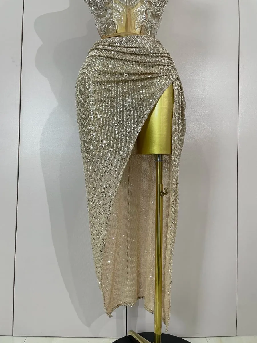 Brilhante lantejoulas miçangas sexy sem alças duas peças conjunto feminino noite celebrar boate festa de luxo vestido de aniversário traje de palco — image 6