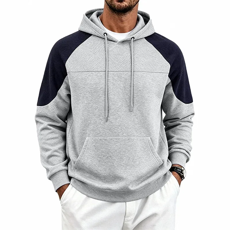 Men Patchwork Color Block Pullover Hoodie Drawstring Kangaroo Pocket Long Sleeve Loose Sweatshirt Autumn Winter Streetwear Tops — image 4