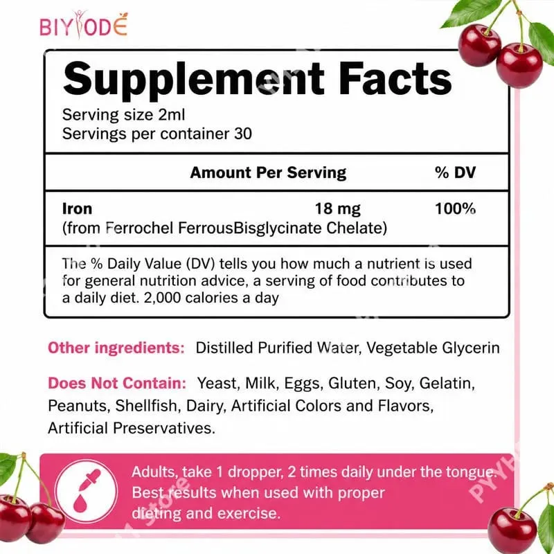 Iron Drops Liquid Supplement 18 Mg (100% DV) Ferrochel Ferrous Bisglycinate Chelate Easy Absorption Cherry Flavor 60ml