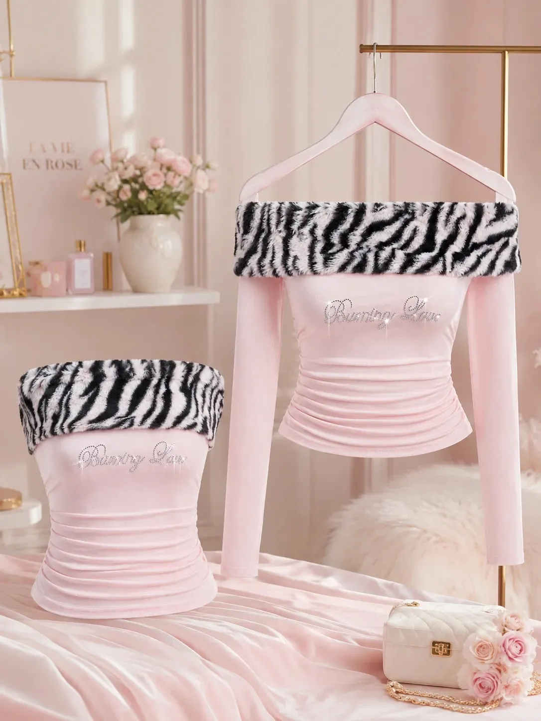 Women Y2K Tiger Print Faux Fur Trim Off Shoulder Top Rhinestone Burning Love Lettering Ruched Waist Fitted Bodycon Cropped Long Sleeve Bardot Tube Top Baddie Going Out Party Club,christmas valentine halloween cosplay costume plus size petit — image 4