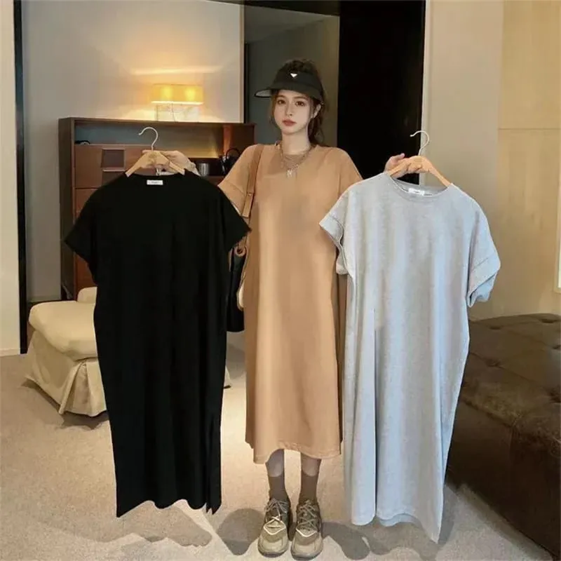 Maluwag na Kaswal Solid na Kulay Kumportableng Damit Maluwag Malaking Sukat Maikling Manggas Shirt Dress Summer Home Long Dresses — image 2