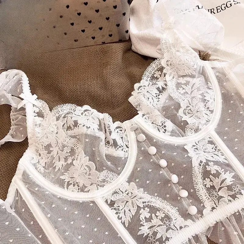 Hot Sale French Sexy Lingerie Set for Women Ultra Thin See Through Bra Panty Set Embroidery Lace Shaping Camisole Underwear Set — image 8