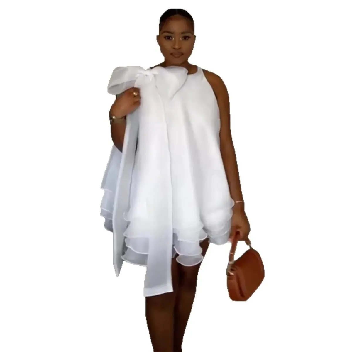 Elgant festa noite mini vestido feminino sem mangas babado bowneck chiffon branco casamento convidado praia vestido de verão 2026 — image 5