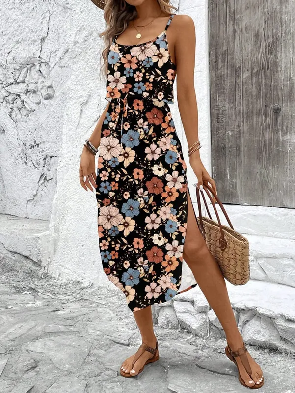 Pambabaeng Summer Spaghetti Strap Dress na may Belt at Side Slit - Casual Sleeveless Flowy Dress — image 12