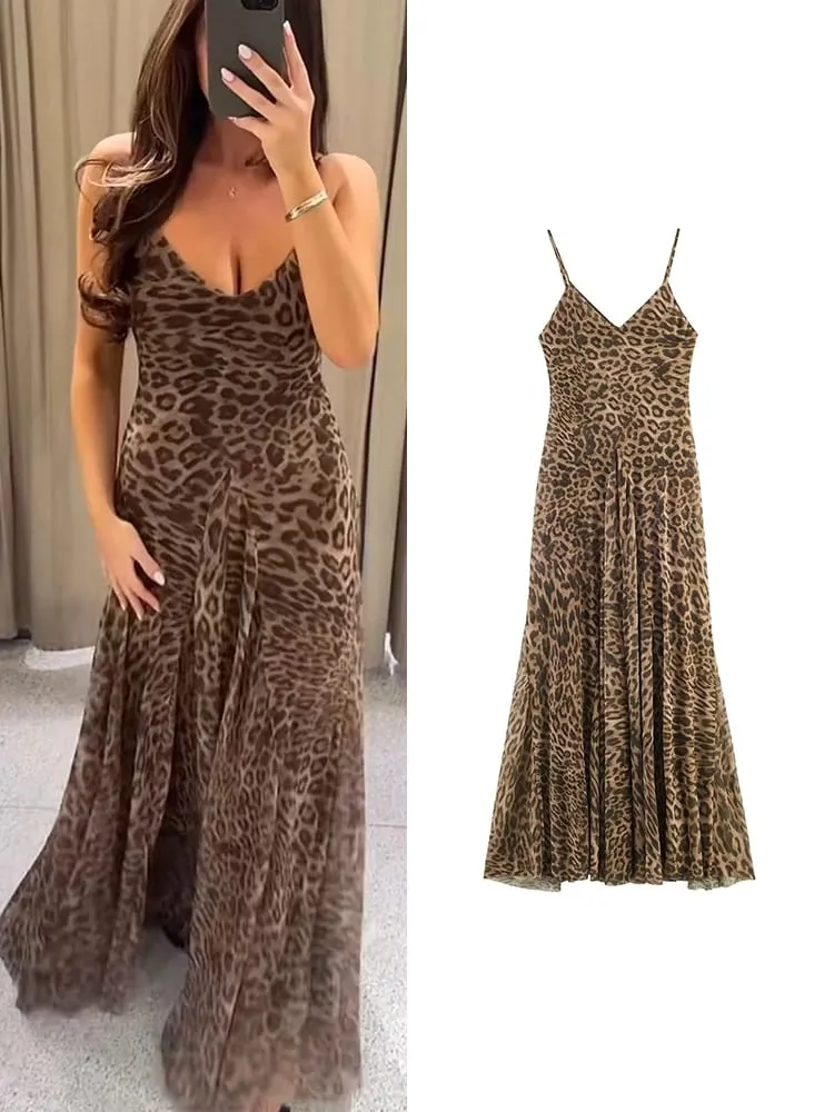 Ladies Sexy Summer Dress Women Vintage Leopard Print Sling Dress Party Suspender Sleeveless Backless Slimming Maxi Dress Female — image 1