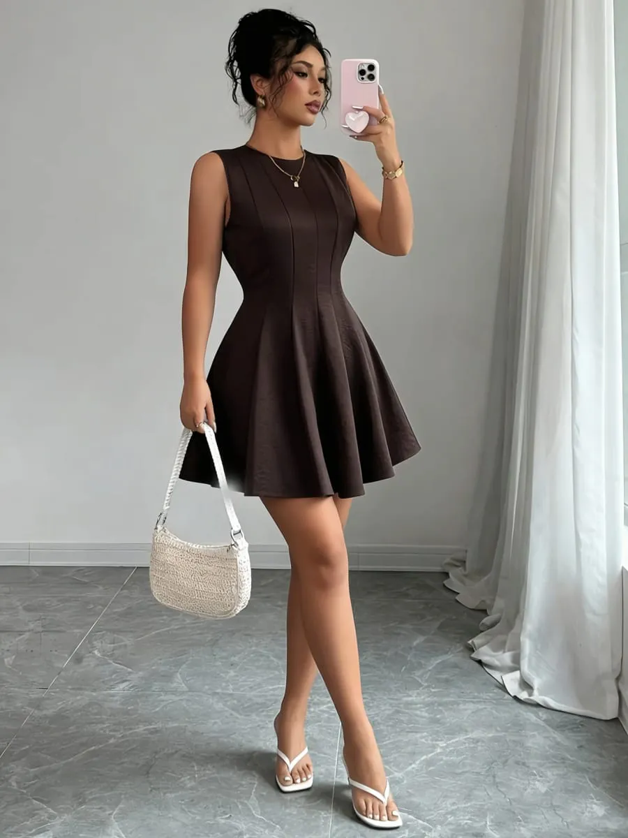 Women Mini Dress Sleeveless Crew Neck Seamed Waist A-Line Dress Chic Spring Summer Casual Date Brunch Club Night Party Dresses — image 1